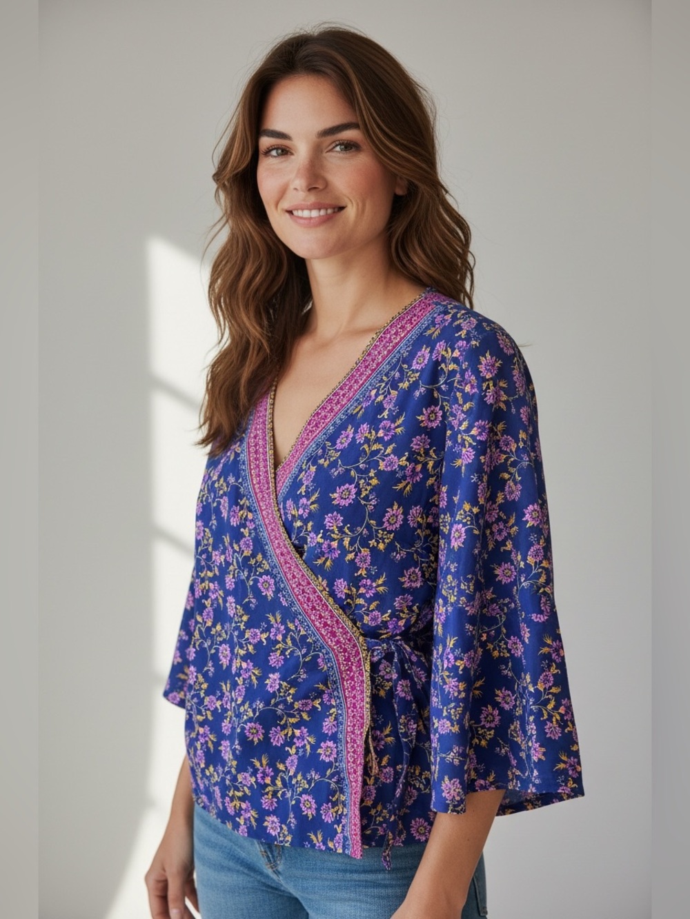W5 Floral Wrap Blouse - Blue & Pink